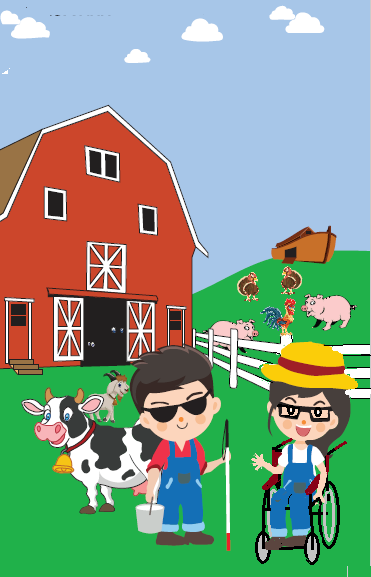 Farmer Noah with white cane and Bandmaster Stevie in wheelchair with farm animals on a farm.